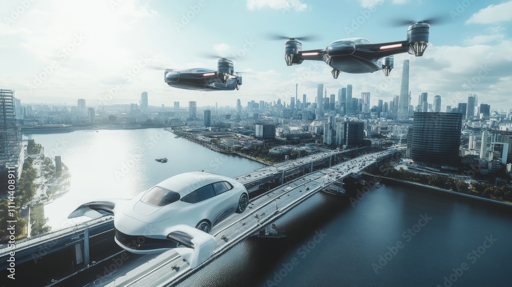 Futuristic flying car and drones above cityscape. Futuristic flying car and drones above cityscape.