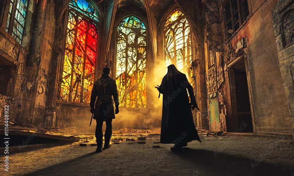 Mysterious Figures Walking in an Abandoned Gothic Church with Stained Glass Mysterious Figures Walking in an Abandoned Gothic Church with Stained Glass