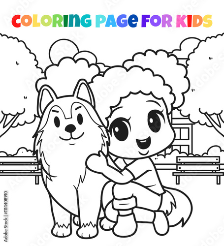 Girl with husky siberia character coloring page outline vector illustration