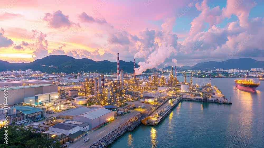 Aerial View of an Expansive Oil Refinery at Sunset with Smoke Plumes, Industrial Structures, and a Beautiful Coastal Landscape Aerial View of an Expansive Oil Refinery at Sunset with Smoke Plumes, Industrial Structures, and a Beautiful Coastal Landscape