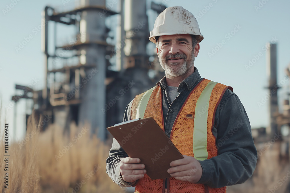 Construction worker overseeing operations at an industrial site during the day. Generative AI Construction worker overseeing operations at an industrial site during the day. Generative AI