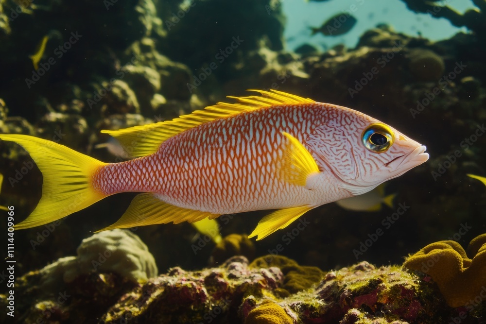 A pair of brightly colored fish swim together in the open ocean, their scales shimmering in the sunlight A pair of brightly colored fish swim together in the open ocean, their scales shimmering in the sunlight