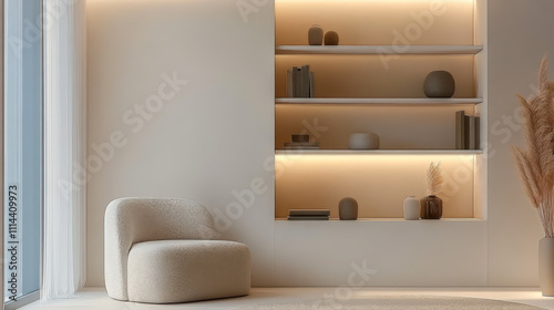 A minimalist white Living room and wall built-in shelves lighting and a soft color palette photo