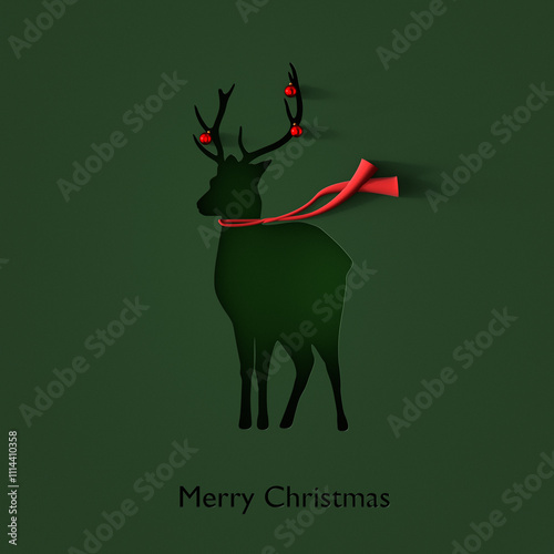 Paper Cut Out Merry Christmas Reindeer Illustration on Green Background. 3d render