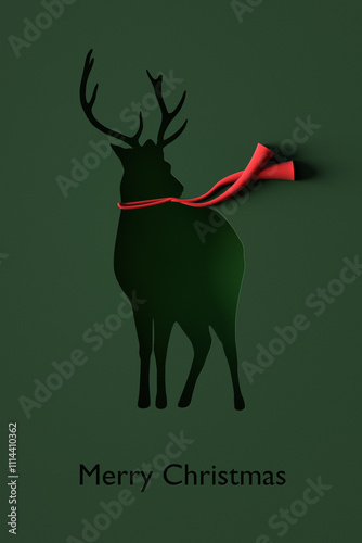 Paper Cut Out Merry Christmas Reindeer Illustration on Green Background. 3d render