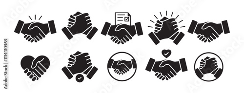 Business agreement handshake icon. Containing relation, cooperation, contract deal, success, greeting, respect, teamwork, friendship, partnership, trust, welcome. Vector illustration