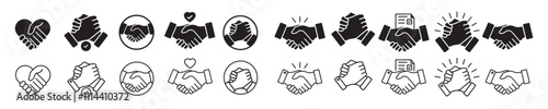 Business agreement handshake icon. Containing relation, cooperation, contract deal, success, greeting, respect, teamwork, friendship, partnership, trust, welcome. Vector illustration