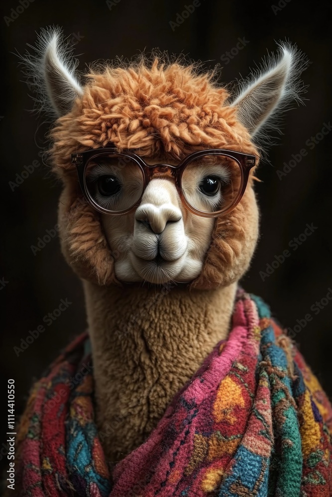 Close-up of a llama wearing glasses, great for animal or fashion themed illustrations Close-up of a llama wearing glasses, great for animal or fashion themed illustrations