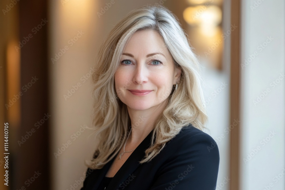 A gray-haired businesswoman smiles, her eyes fixed on the camera A gray-haired businesswoman smiles, her eyes fixed on the camera