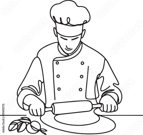 Line Drawing of Chef Rolling Pizza Dough with Wooden Rolling Pin - Bakery Art Illustration