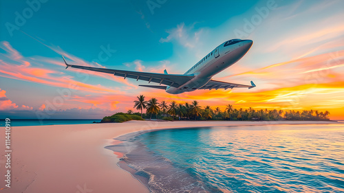 Wallpaper Mural Airplane flying over beautiful tropical beach at Maldives at sunset. Torontodigital.ca