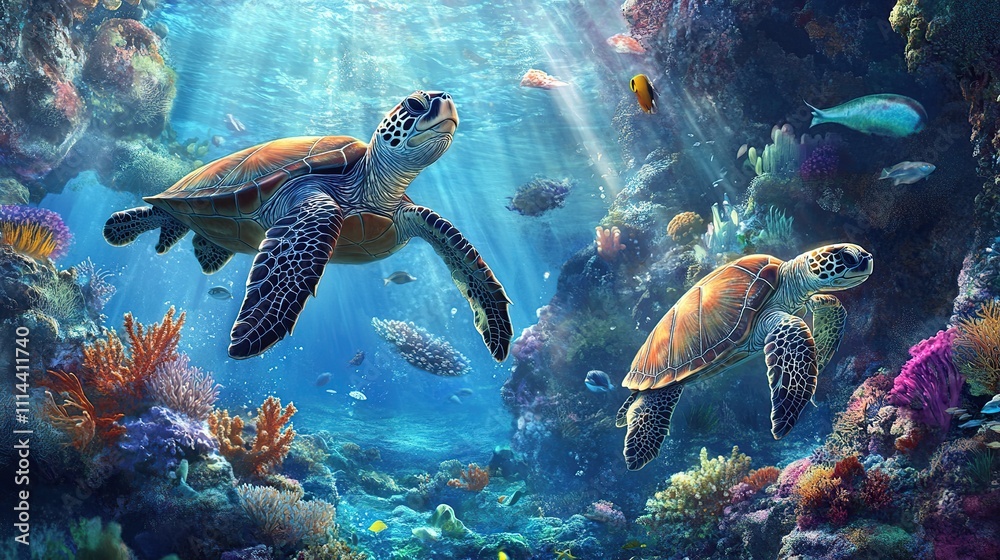 Two sea turtles swim in vibrant coral reef. Two sea turtles swim in vibrant coral reef.