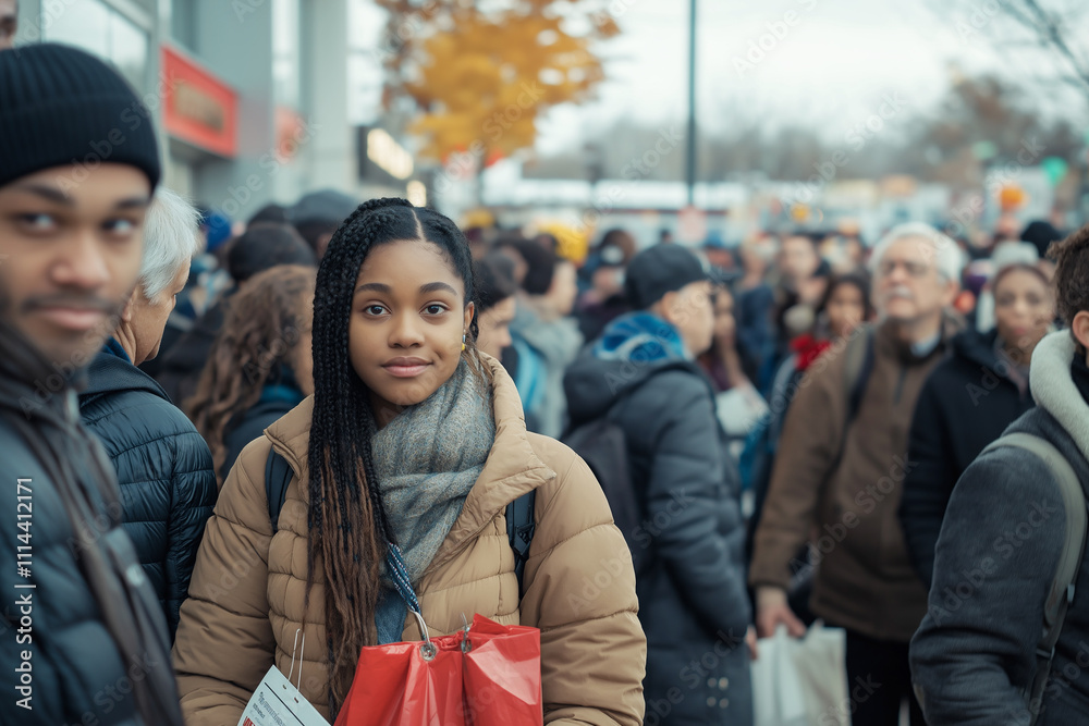 Crowd of people waiting in a busy urban street during the autumn season. Generative AI Crowd of people waiting in a busy urban street during the autumn season. Generative AI