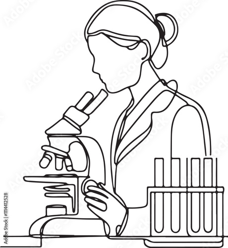 Minimalist Line Drawing of Female Scientist Analyzing Formula in Laboratory Tube on White Background