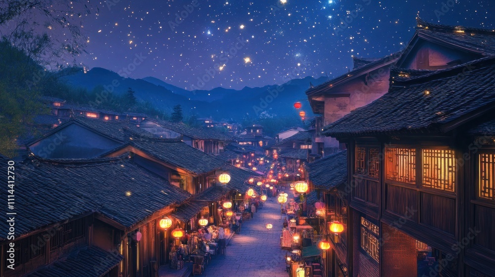 Starry night over a vibrant ancient street marketplace. Generative AI Starry night over a vibrant ancient street marketplace. Generative AI