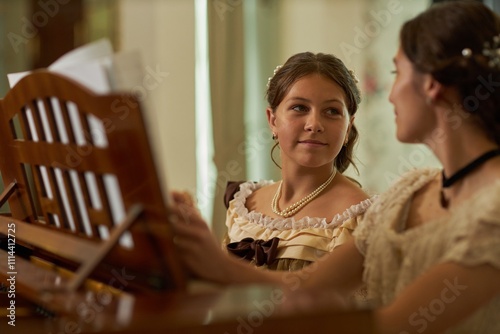 Portrait of smiling young girl wearing vintage dress playing piano with elder sister in vintage classic setting, copy space photo