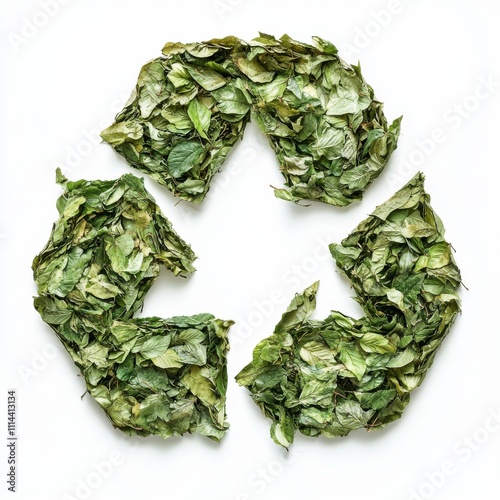 Hyper-Realistic Green Recycling Symbol Made of Leaves. High-Resolution Stock Photography with Professional Studio Lighting. photo