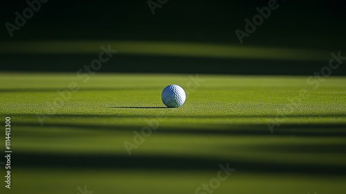 Golf ball rests on a lush green putting green, with shadows creating parallel lines across the surface.
