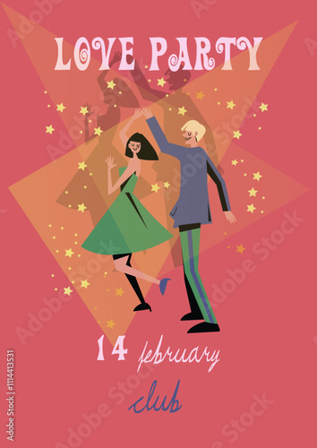 poster love party dance, valentise day, dance couple, flaer date retro vintage