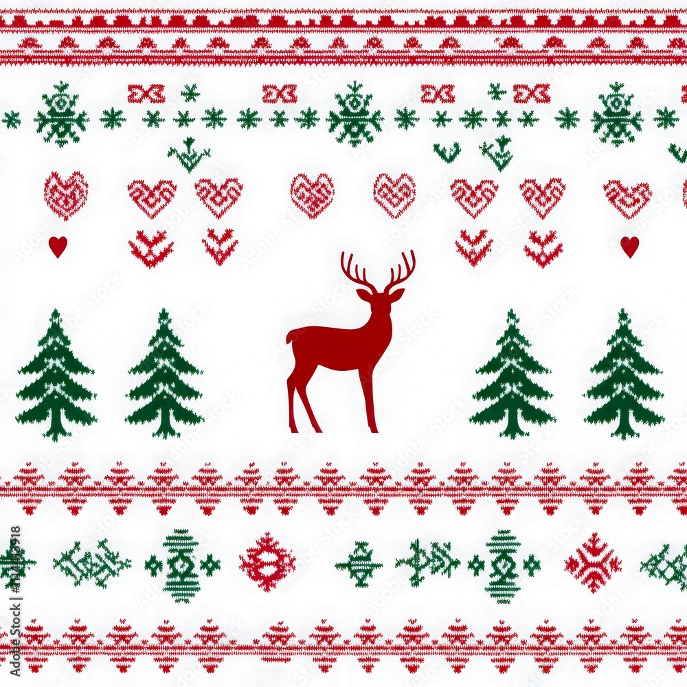 Seamless holiday pattern featuring a red deer, green pine trees, hearts, and snowflakes in a traditional Christmas sweater style Seamless holiday pattern featuring a red deer, green pine trees, hearts, and snowflakes in a traditional Christmas sweater style