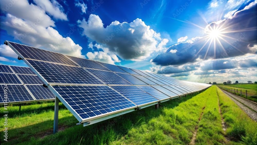 Sunlit Solar Panels A Field of Green Energy under a Bright Sky Sunlit Solar Panels A Field of Green Energy under a Bright Sky