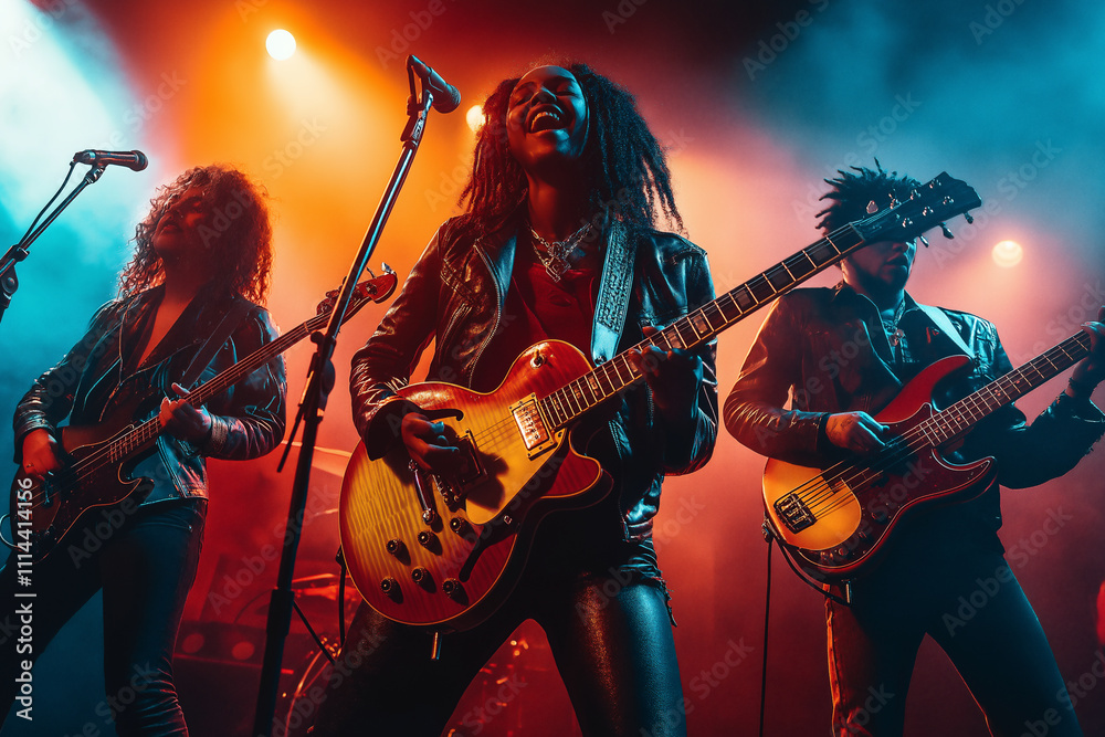 Obraz premium Energetic rock band performs on stage during vibrant night concert in city. Generative AI