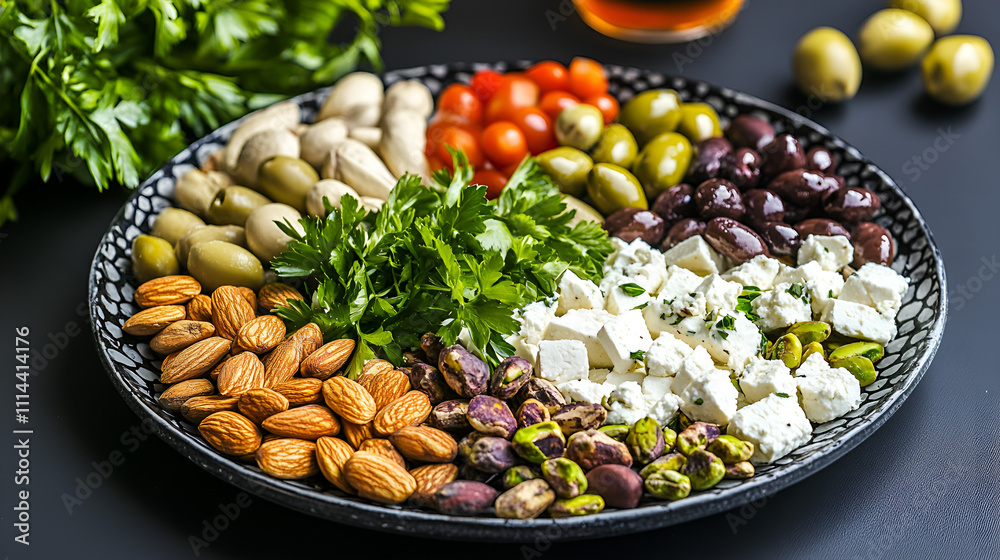 Colorful platter of nuts, cheese, olives, and herbs for a healthy snack
Colorful platter of nuts, cheese, olives, and herbs for a healthy snack