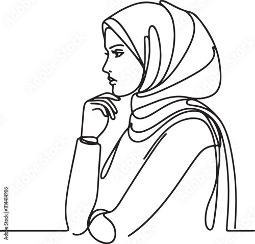 Elegant Line Drawing of a Pensive Arabic Woman in Hijab Gazing Thoughtfully