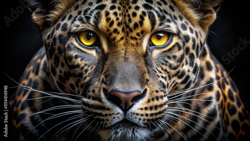 Leopard Close-Up Fierce Gaze, Rosette Pattern, Dark Background