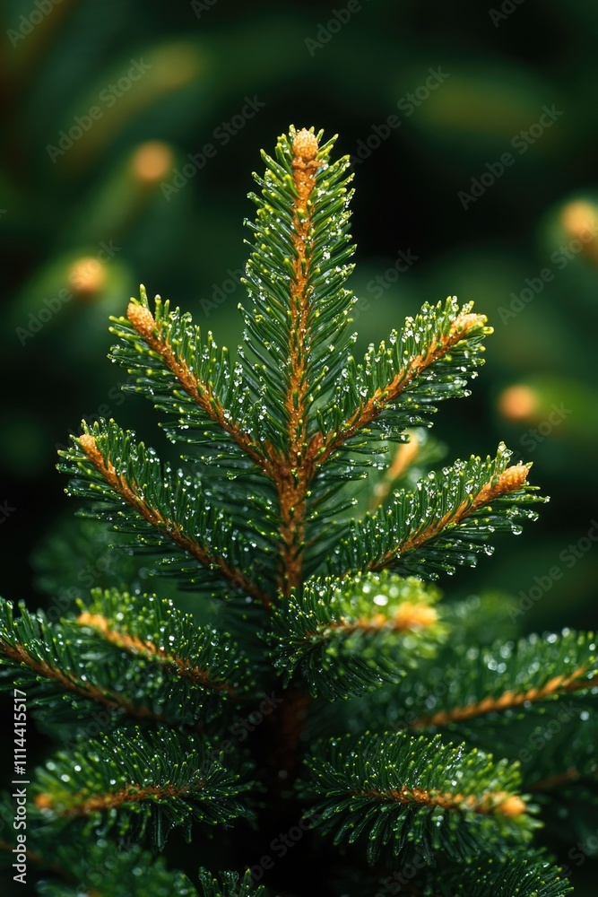 A close-up view of a pine tree with water droplets glistening on its needles A close-up view of a pine tree with water droplets glistening on its needles