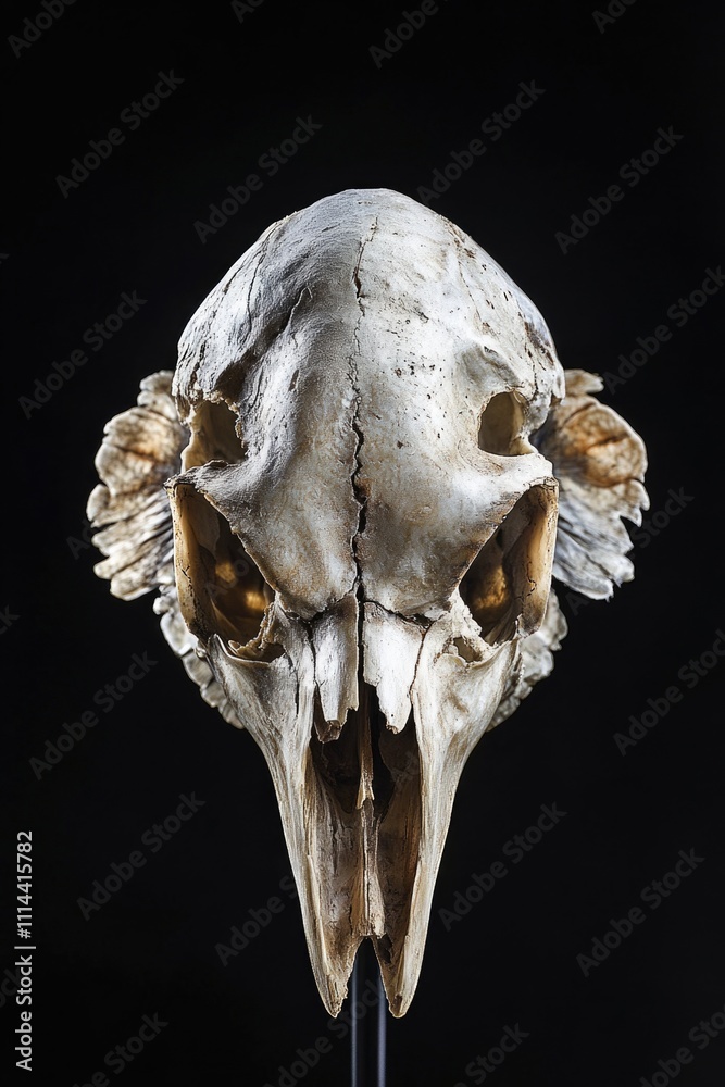 Naklejka premium A human skull perched on a wooden stick, often used for display or decoration