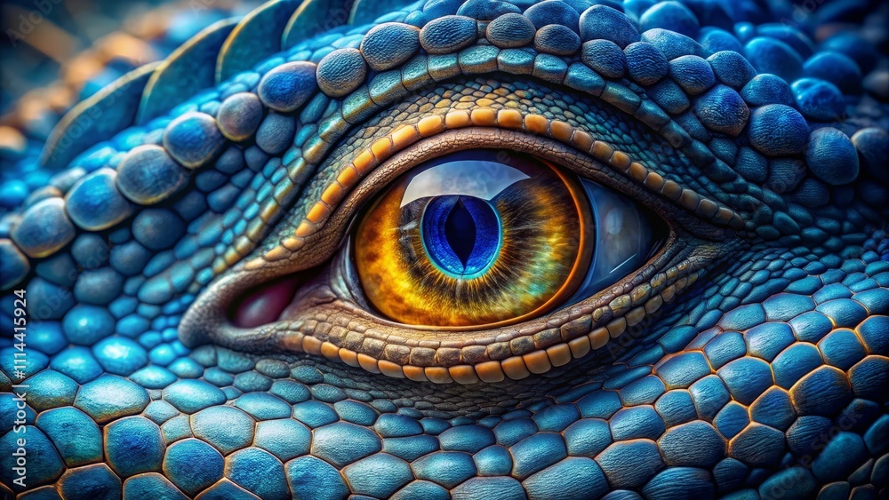 Fototapeta premium Dragon's Eye Close-Up, Blue Scales, Fantasy Concept