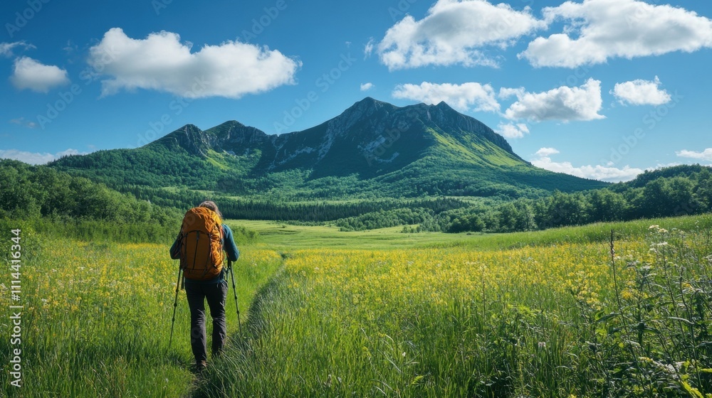 Obraz premium Hiker Exploring Scenic Mountain Landscape Under Clear Blue Sky