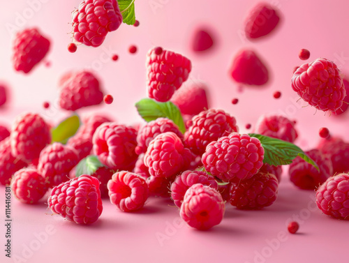 Vibrant raspberries floating gracefully against a soft pink background, perfect for culinary and health-related visuals..