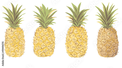 Set of pineapple ananas clipart isolated on white background. Fruit watercolor vector illustration of pineapples