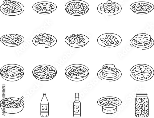 korean cuisine food asian icons set vector. korea menu, noodle top meal, bibimbap rice, topokki soup, chicken, healthy, dish korean cuisine food asian black contour illustrations
