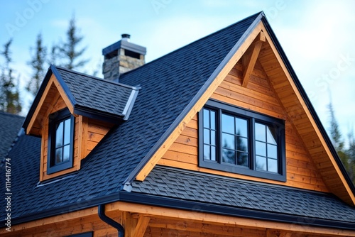 A small wooden house with a black roof and windows, surrounded by greenery photo