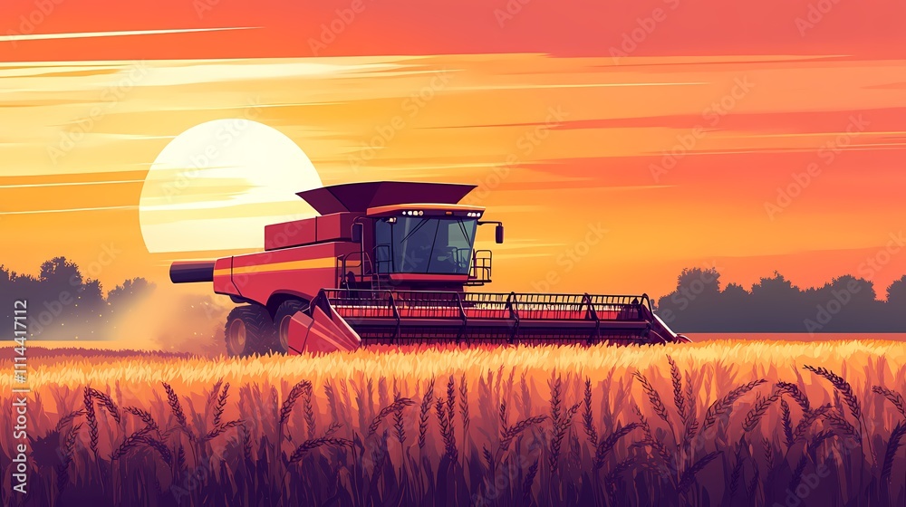 Fototapeta premium A vibrant sunset over golden wheat fields with a combine harvester working diligently to harvest the crop.