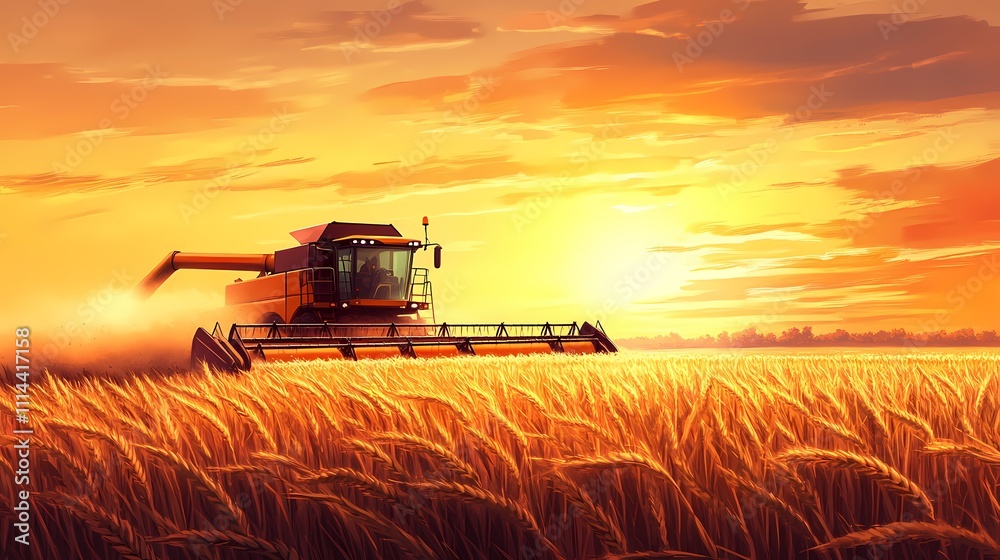 Fototapeta premium A vibrant sunset illuminates a combine harvester working in a golden wheat field.