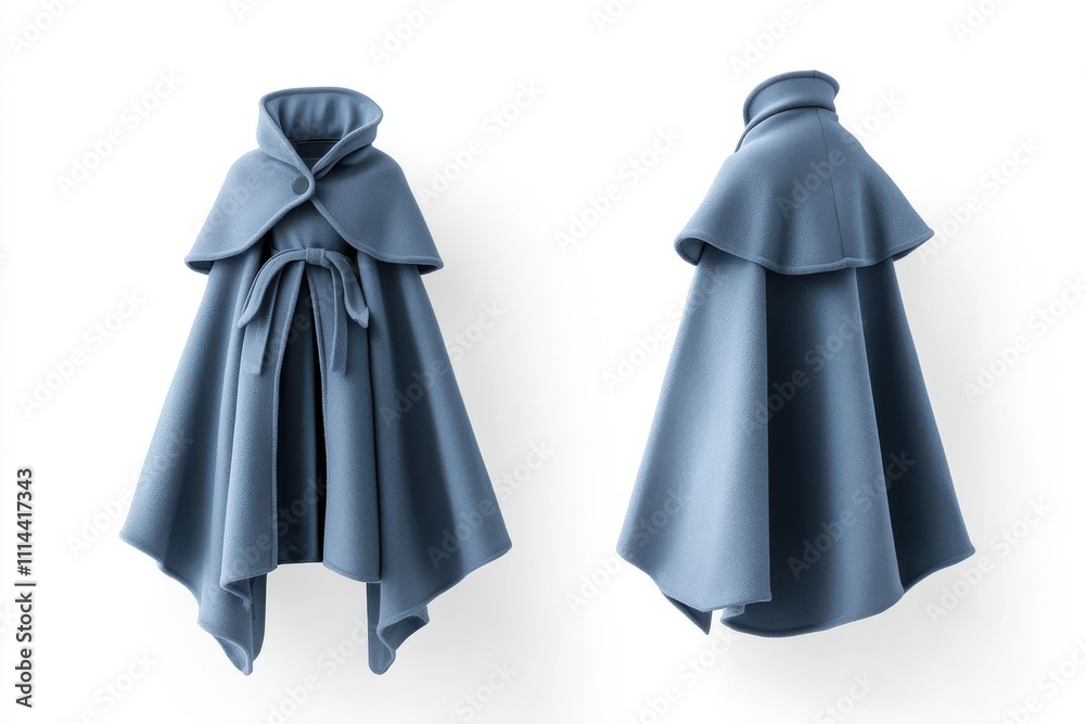 Neutral blue women's cape with tie belt and hood, shown front and back, isolated on white background for branding, mockups, and fashion design Neutral blue women's cape with tie belt and hood, shown front and back, isolated on white background for branding, mockups, and fashion design