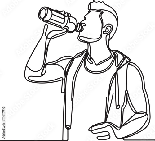 Line Drawing of Athletic Man Hydrating with Energy Drink