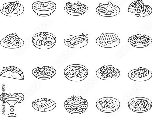 sea cuisine italian cook greece icons set vector. food seafood, chef sea, fish bbq, greek dish, salmon restaurant, frozen, culinary sea cuisine italian cook greece black contour illustrations