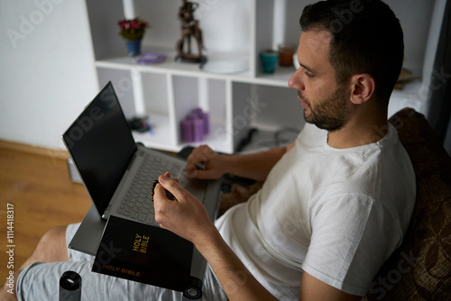 a 30-year-old man with a Bible attends an online church service, talks with the pastor