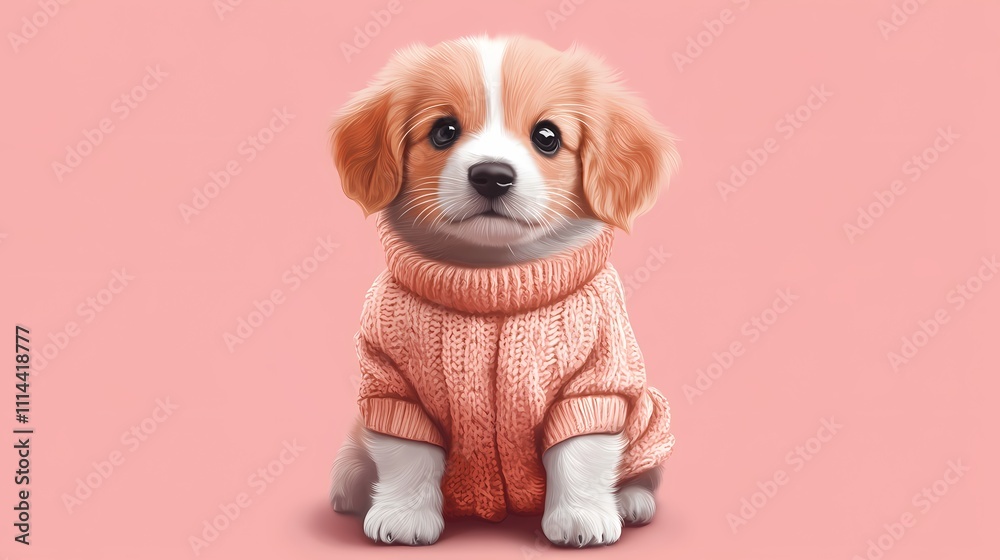 Adorable small dog wearing a cozy pink sweater, looking charming against a soft pink background. Adorable small dog wearing a cozy pink sweater, looking charming against a soft pink background.