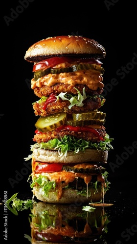 Delicious Jumbo Burger Multiple Layers Close up Food Photography