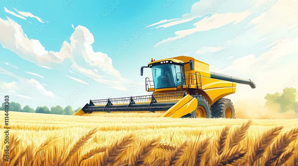Fototapeta premium A vibrant yellow combine harvester at work in a golden wheat field under a bright blue sky.