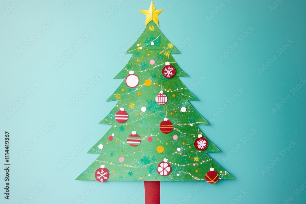 A festive paper Christmas tree on a blue background A festive paper Christmas tree on a blue background