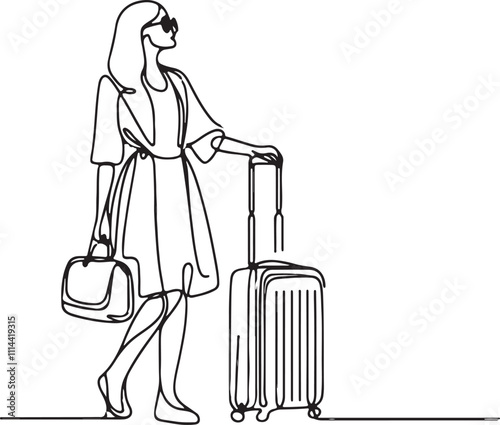 Line Drawing of a Woman Traveler with Luggage Perfect for Your Travel-Themed Designs