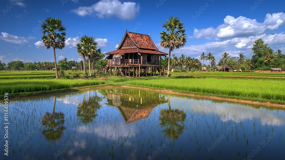 Tranquil Asian House Reflected In Rice Paddy Water Tranquil Asian House Reflected In Rice Paddy Water