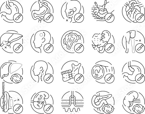 surgery operate room invasive icons set vector. doctor surgical, surgeon medicine, medical hospital, future open septoplasty, lift surgery operate room invasive black contour illustrations